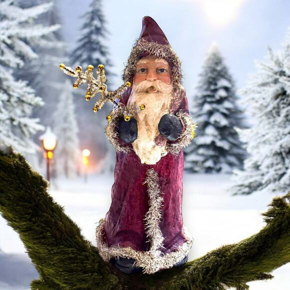 Retro Old World Style Santa Clause Figurine with VTG Tinsel & Tree Mixed Media - Picture 1 of 10